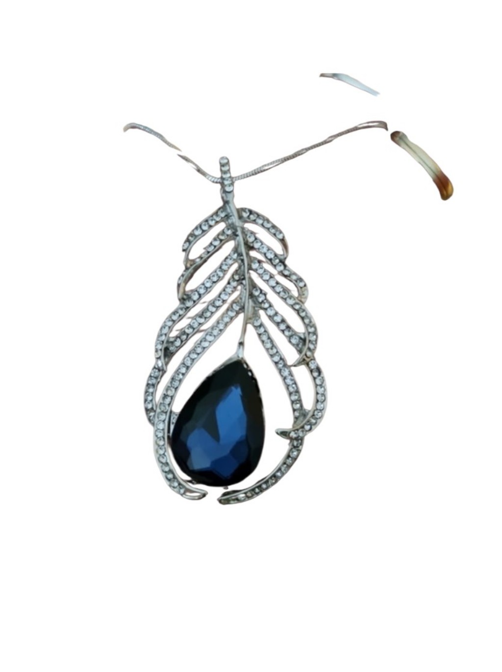 Sterling Silver Peacock Feather Necklase Pendant With Blue Gemstone &Rhinestones